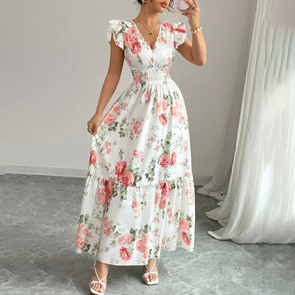 SunnyElegance Women’s Summer Maxi Dress – V Neck, Short Flutter Sleeve, Flowy A-Line Beach Vacation Long Dress