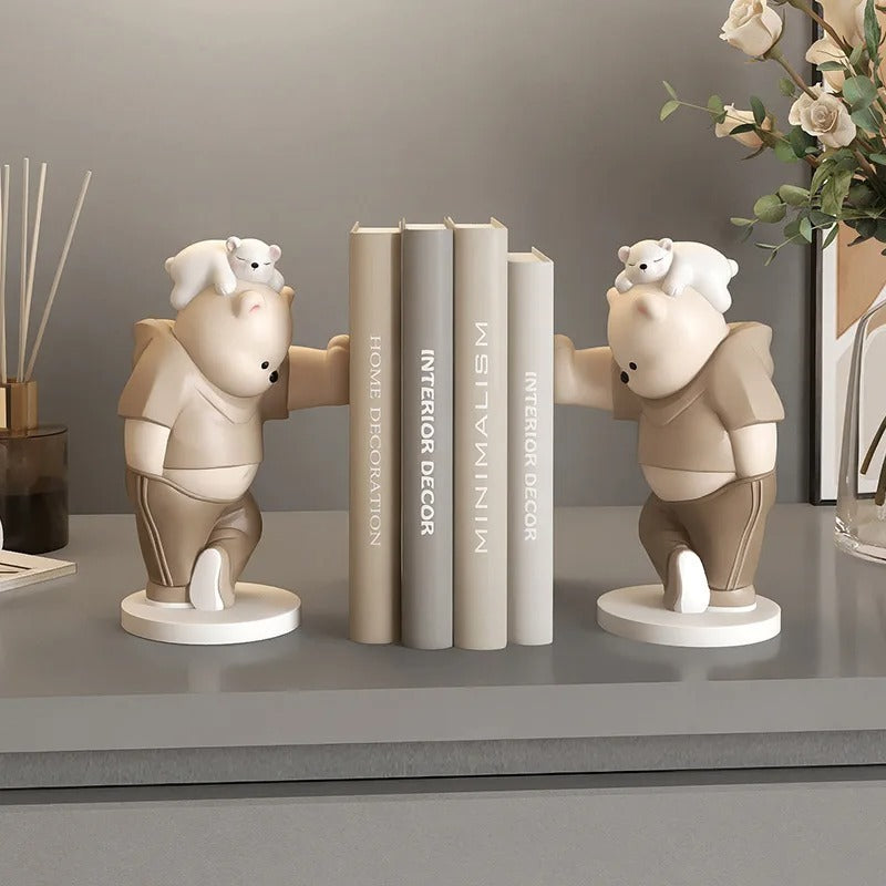 Bear Healing Bookend Ornaments – Resin Table Decorations, Nordic Minimalist Desk Sculpture, Cute Kids & Home Office Display.