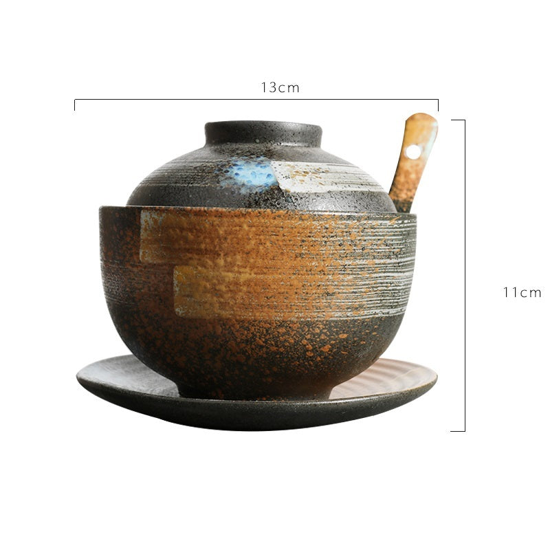 CeramiLux Ceramic Stew Pot Set – Soup Bowl with Bottom Plate, Cover & Spoon