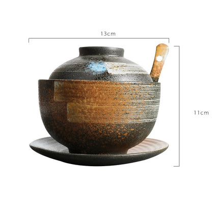 CeramiLux Ceramic Stew Pot Set – Soup Bowl with Bottom Plate, Cover & Spoon