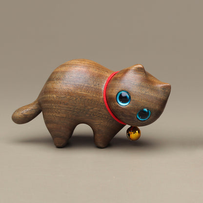 Handcrafted Sandalwood & Ebony Cat Figurines – Minimalist Wooden Animal Ornaments Collection