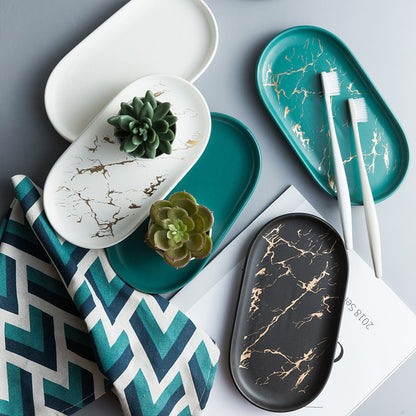 Gold Leaf Patterned Oval Marble Tray