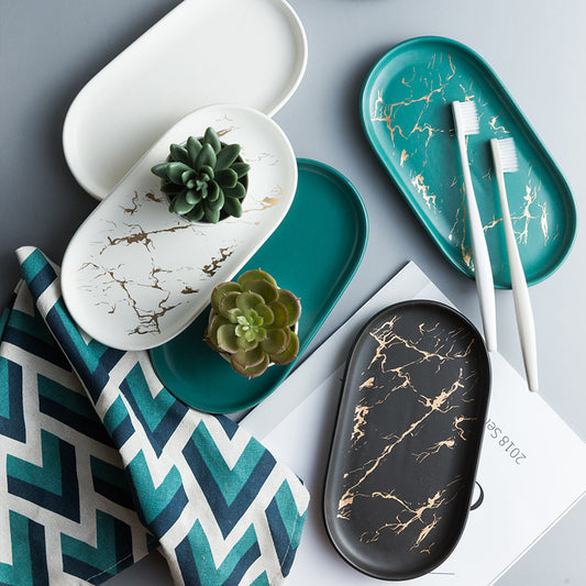 Gold Leaf Patterned Oval Marble Tray