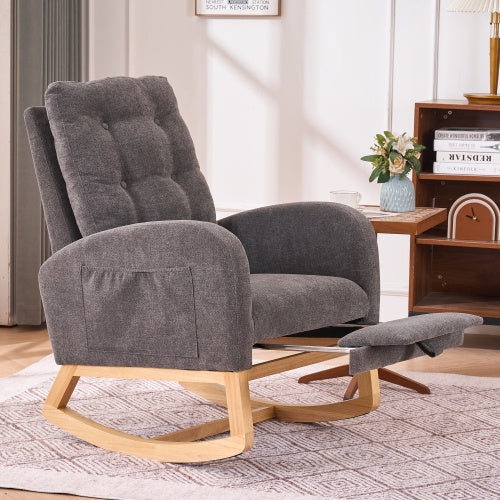 LuxeHaven Accent Rocking Chair with Footrest – High Back Rubber Wood Rocking Legs