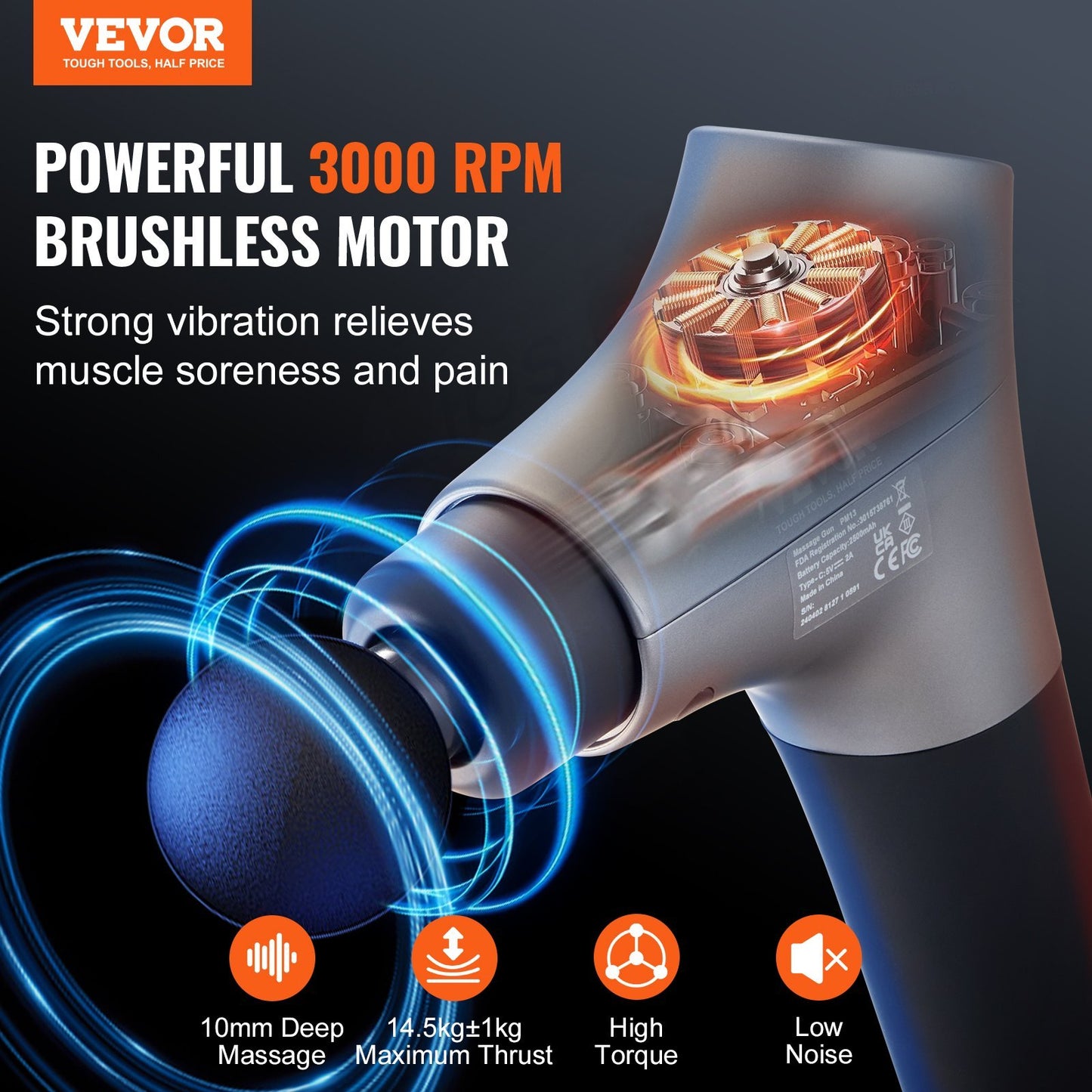 VEVOR 3000 RPM Massage Gun – Deep Tissue Percussion Muscle Massager with 6 Speeds, 4 Heads & Rechargeable Battery 3000 RPM