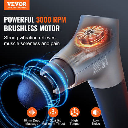 VEVOR 3000 RPM Massage Gun – Deep Tissue Percussion Muscle Massager with 6 Speeds, 4 Heads & Rechargeable Battery 3000 RPM