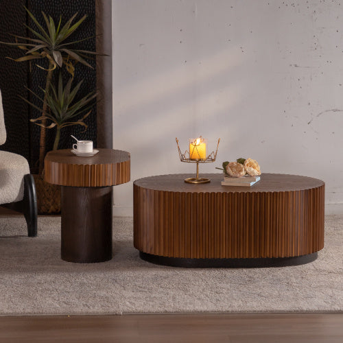 Handcraft Round Nesting Coffee Table Set Of 2, - Chic Wave Stripe