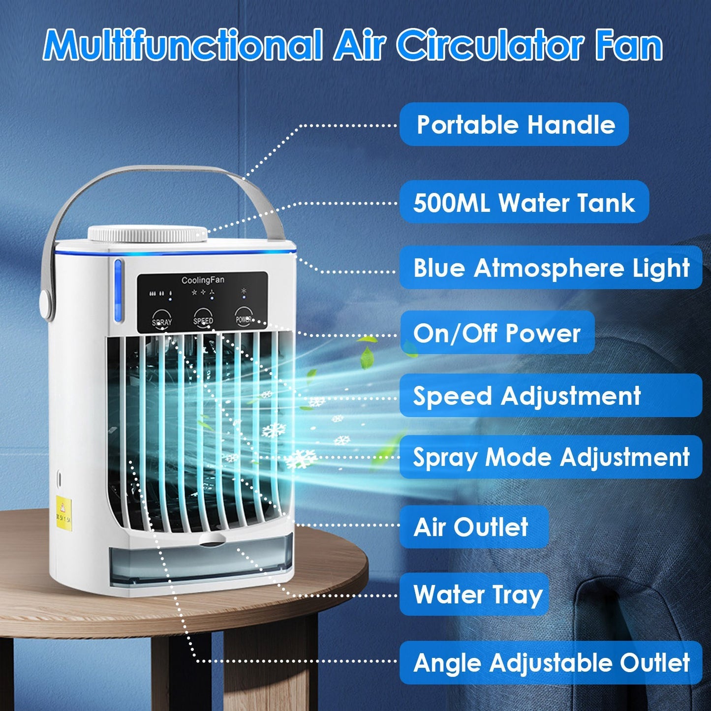 CoolMist Portable Air Conditioner Fan – 3 Speed Personal Humidifier with 500ml Water Tank & Night Light
