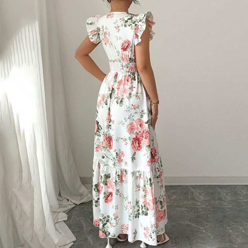 SunnyElegance Women’s Summer Maxi Dress – V Neck, Short Flutter Sleeve, Flowy A-Line Beach Vacation Long Dress