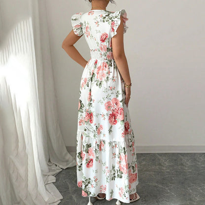 SunnyElegance Women’s Summer Maxi Dress – V Neck, Short Flutter Sleeve, Flowy A-Line Beach Vacation Long Dress