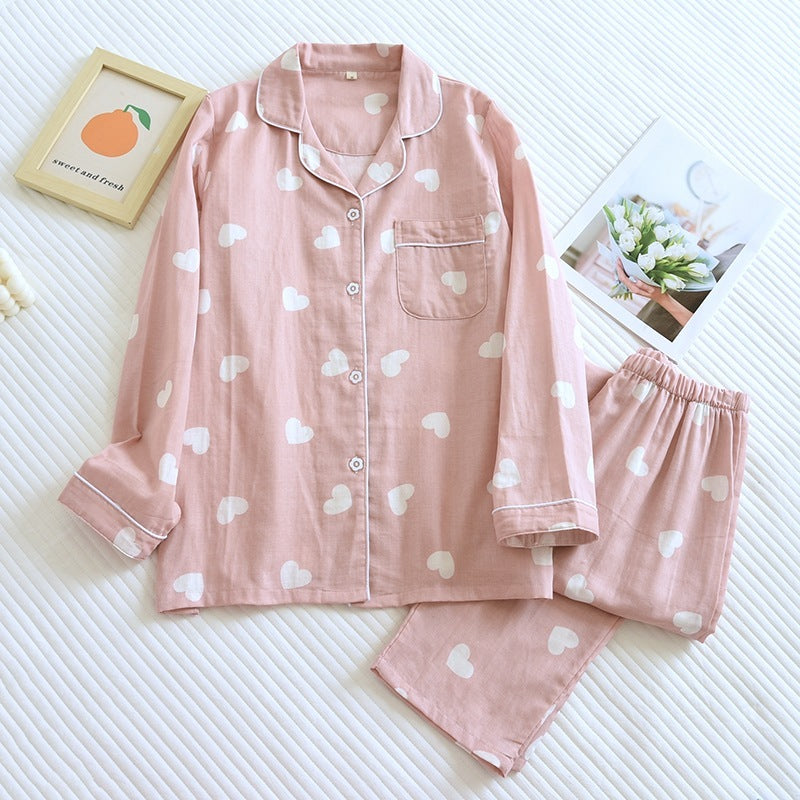 Spring And Summer Thin Double-layer Cotton Gauze Pajamas Women's Long Sleeve