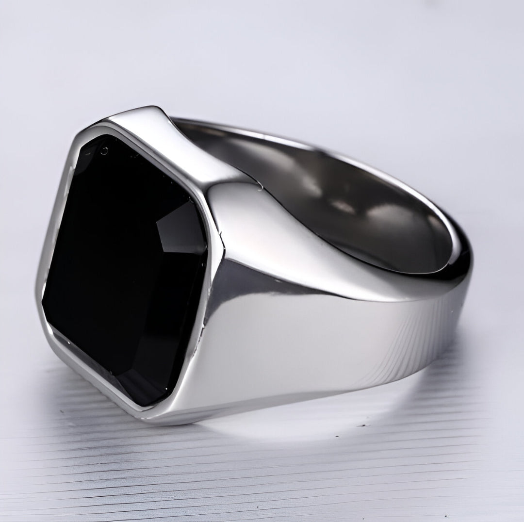Meiwei Stainless Steel Black Agate Ring – Unisex Geometric Korean Style - Tavira Store | A Luxario Labs Ltd Brand. 
