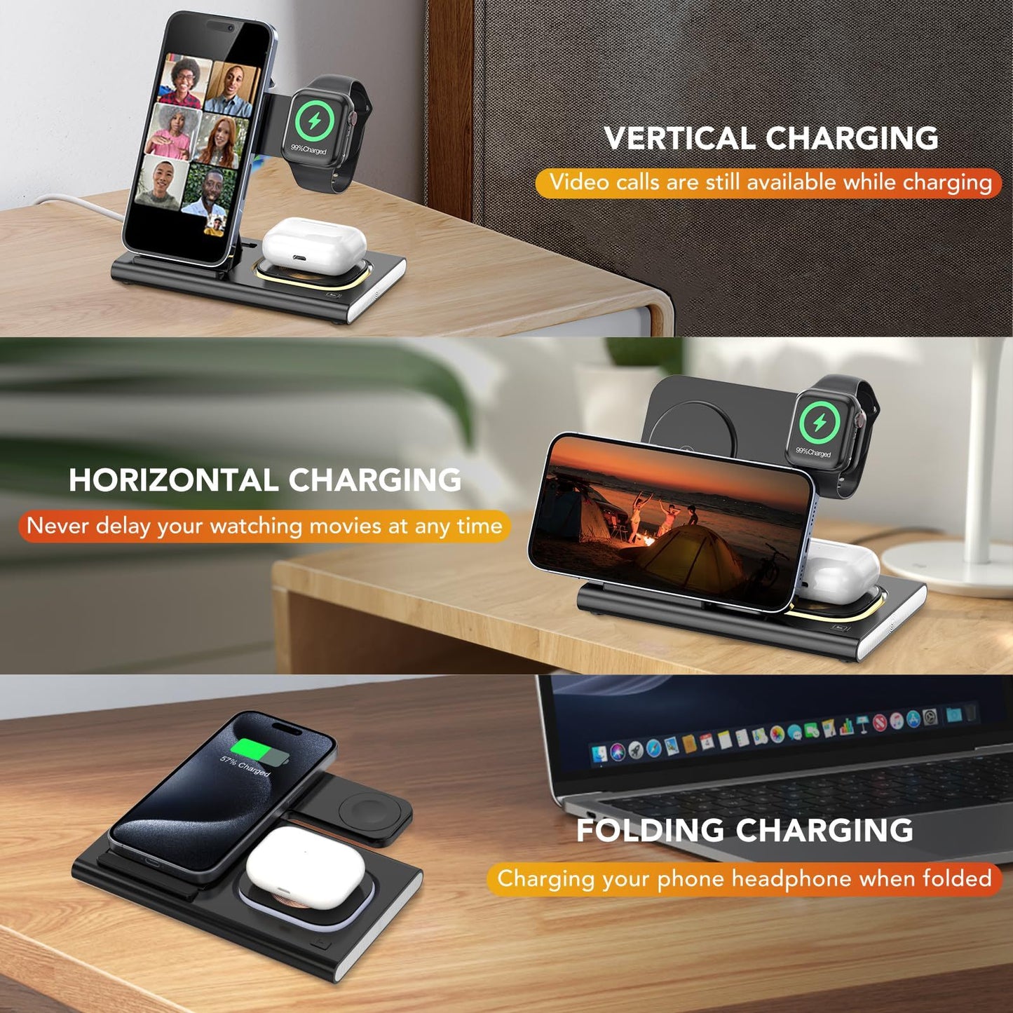 Elite 4 in 1 Wireless Charger 15w – Fast Charging Dock for iPhone, Apple Watch, AirPods with Sleek Foldable Design