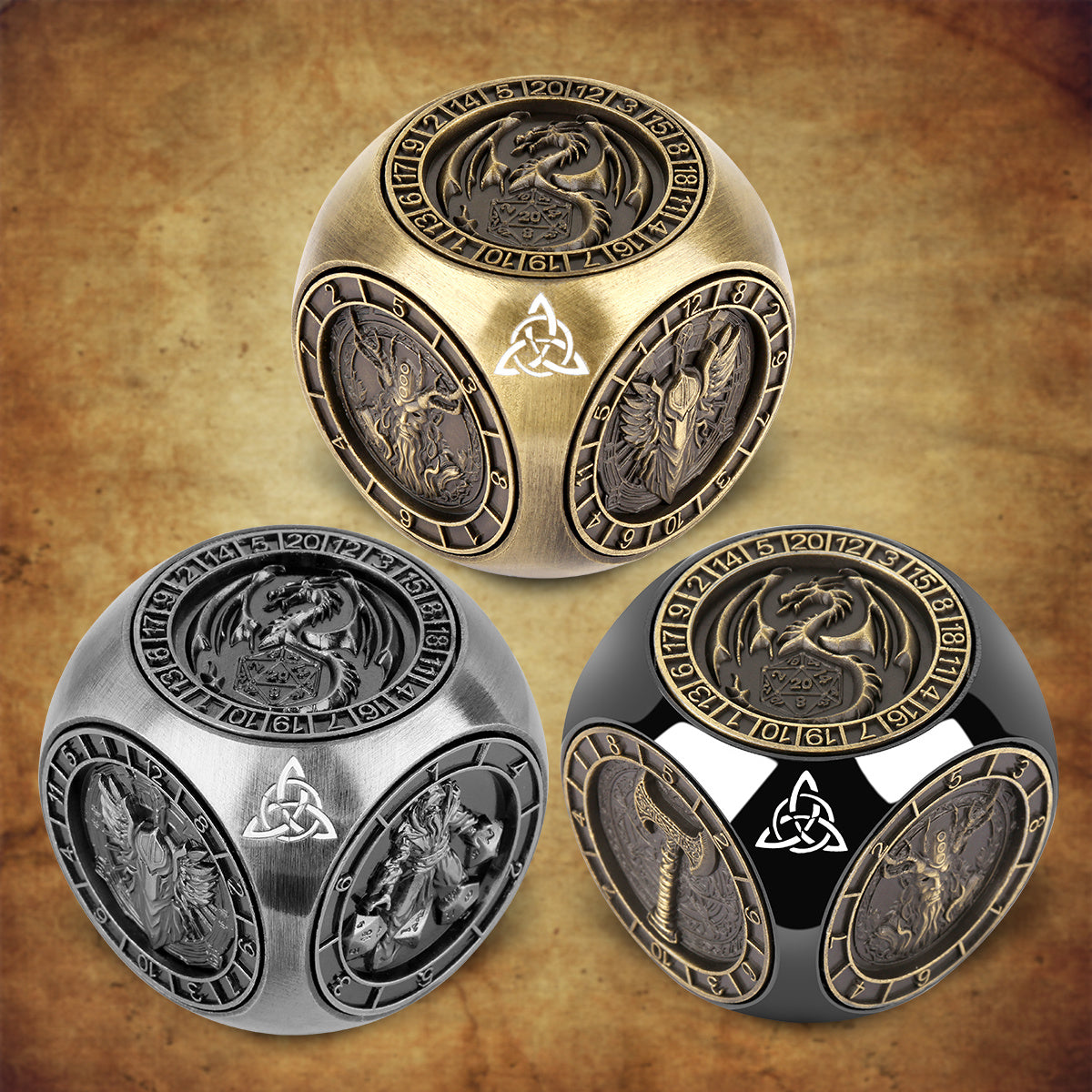 Diceoria 6-Pack Retro DND Dice Wheel Gift Set – Metal Polyhedral RPG Game Accessories