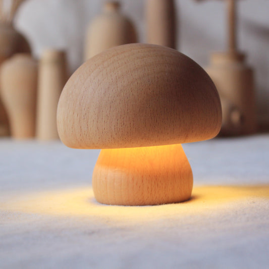 MushGlow Solid Wood Mushroom-Shaped Rechargeable Night Light – Push Control Wooden LED Lamp