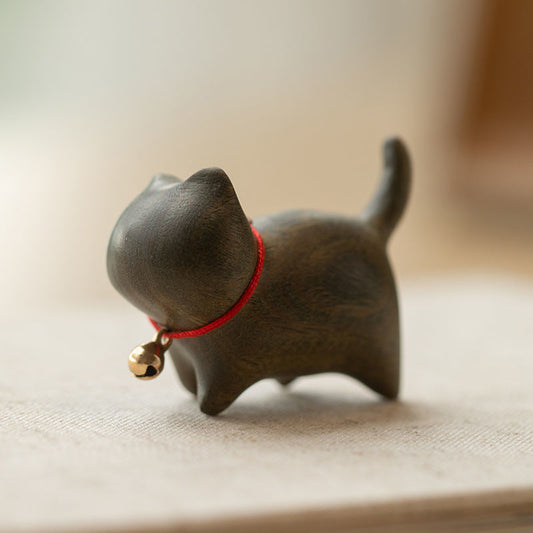 Handcrafted Sandalwood & Ebony Cat Figurines – Minimalist Wooden Animal Ornaments Collection