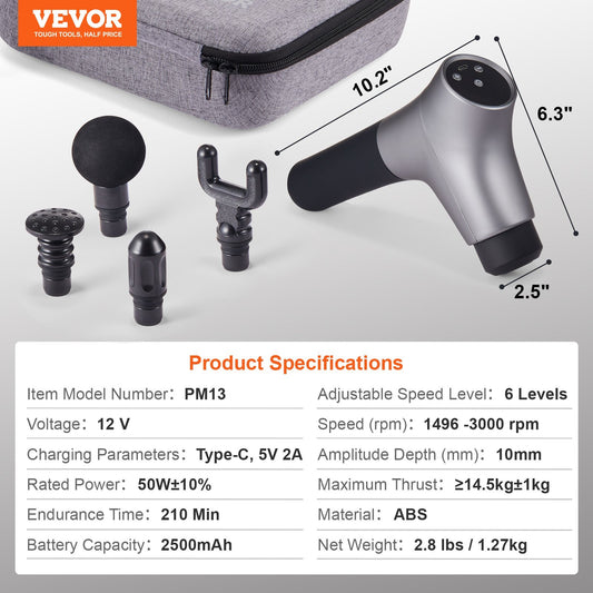 VEVOR 3000 RPM Massage Gun – Deep Tissue Percussion Muscle Massager with 6 Speeds, 4 Heads & Rechargeable Battery 3000 RPM