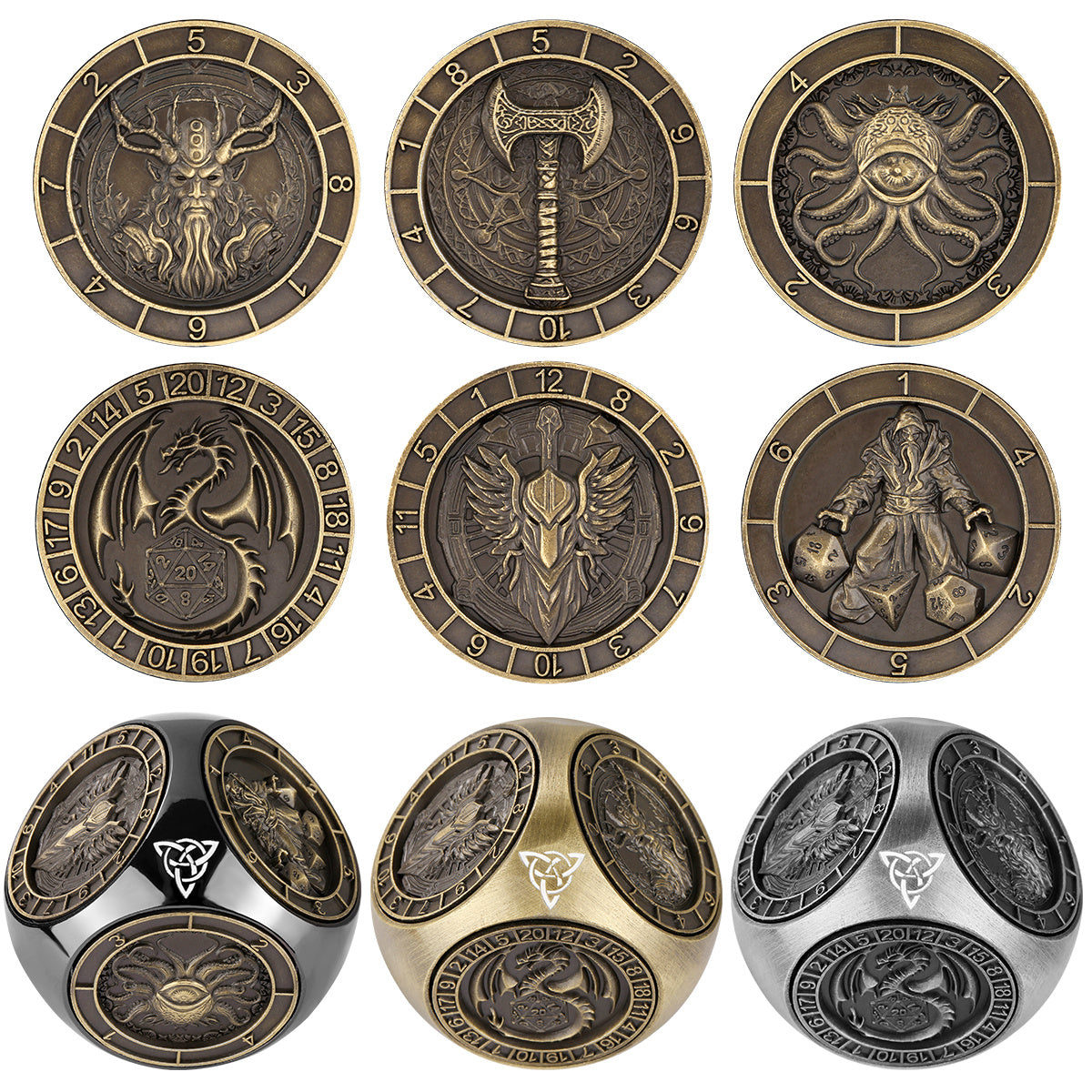 Diceoria 6-Pack Retro DND Dice Wheel Gift Set – Metal Polyhedral RPG Game Accessories