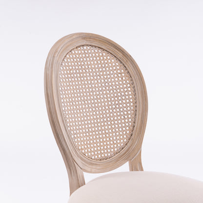 MaisonLuxe French Style Solid Wood Dining Chairs – Set of 2, Cream Linen & Rattan Back