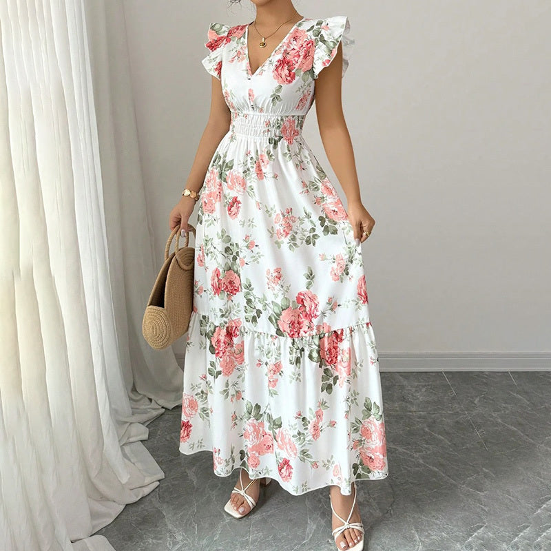 SunnyElegance Women’s Summer Maxi Dress – V Neck, Short Flutter Sleeve, Flowy A-Line Beach Vacation Long Dress