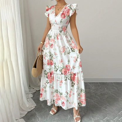 SunnyElegance Women’s Summer Maxi Dress – V Neck, Short Flutter Sleeve, Flowy A-Line Beach Vacation Long Dress