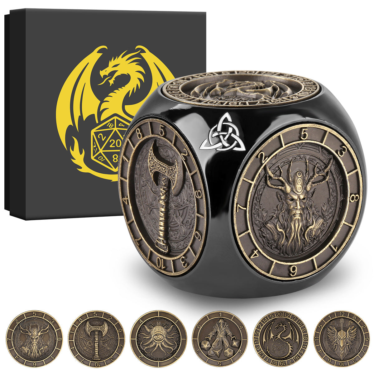 Diceoria 6-Pack Retro DND Dice Wheel Gift Set – Metal Polyhedral RPG Game Accessories