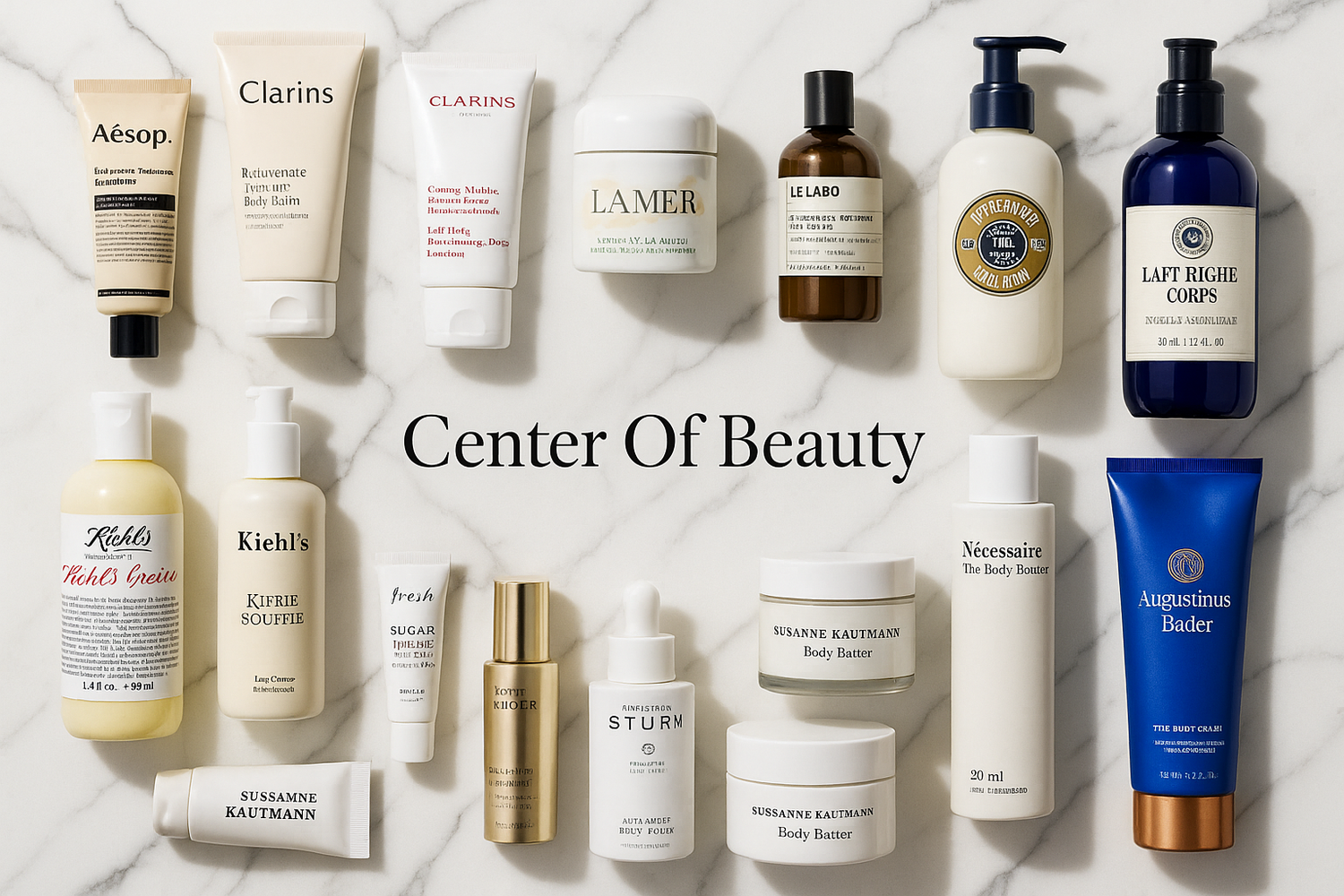 arka plan mermerinin damarları daha belirgin ve renk tonu parlak beyazdan daha beyaz olsun . görsein tam orta kısmının ortasına Center Of Beauty yazısını koy vve daha fazla ürün  olsun .