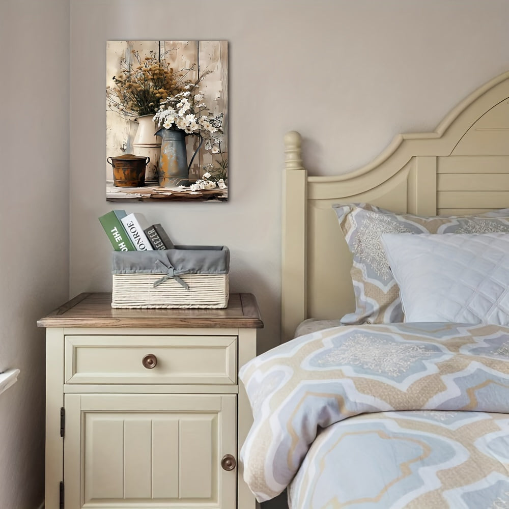 ArtiWood Framed Wooden Canvas Art – White Jasmine Flowers & Rustic Watering Can, Living Room or Bedroom Decor - Tavira Store | A Luxario Labs Ltd Brand. 