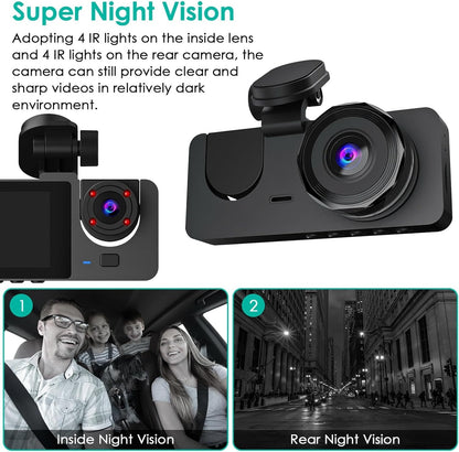 3 Channel Dash Cam – 1080P Front, Rear & Inside Car Camera with 32GB Card, Super Night Vision & Parking Mode