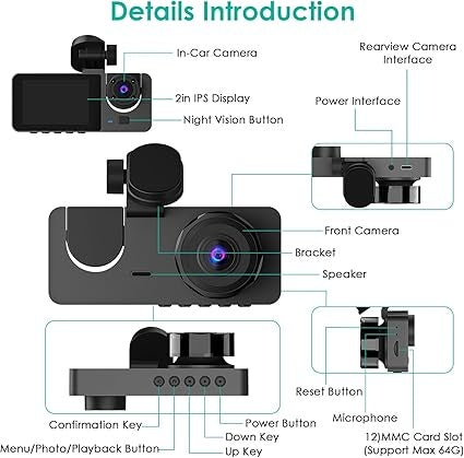 3 Channel Dash Cam – 1080P Front, Rear & Inside Car Camera with 32GB Card, Super Night Vision & Parking Mode