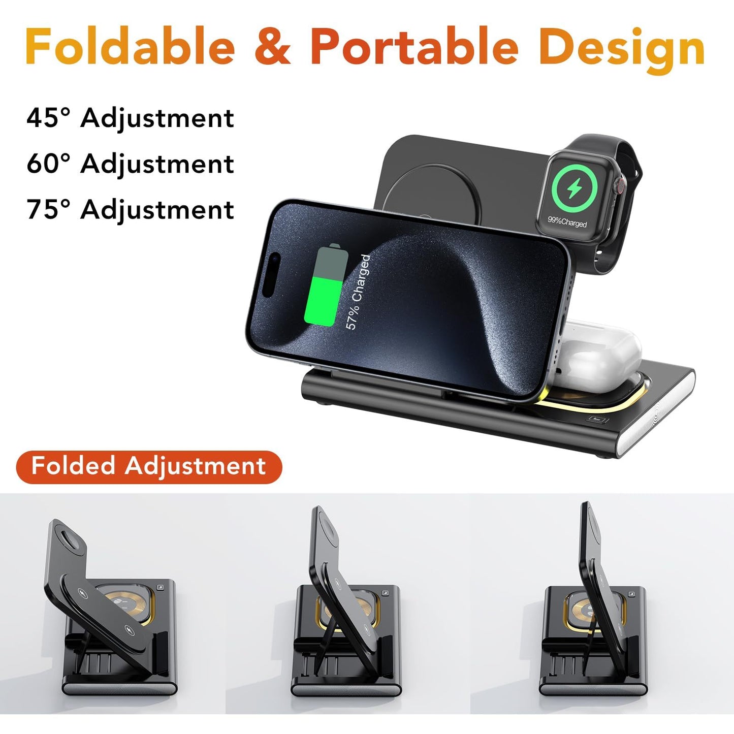 Elite 4 in 1 Wireless Charger 15w – Fast Charging Dock for iPhone, Apple Watch, AirPods with Sleek Foldable Design
