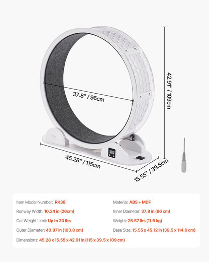 PawBalance VEVOR RK38 Cat Exercise Wheel with Pedometer 40.8 White Solar-Powered Cat Treadmill for Pet Health & Fitness