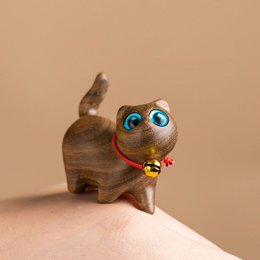 Handcrafted Sandalwood & Ebony Cat Figurines – Minimalist Wooden Animal Ornaments Collection