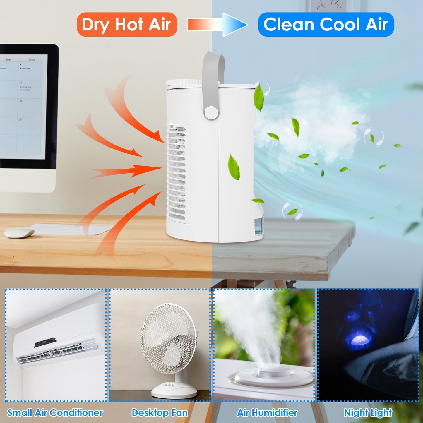CoolMist Portable Air Conditioner Fan – 3 Speed Personal Humidifier with 500ml Water Tank & Night Light