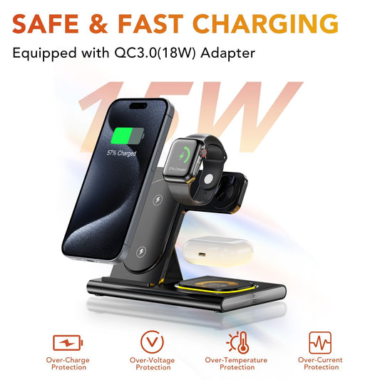 Elite 4 in 1 Wireless Charger 15w – Fast Charging Dock for iPhone, Apple Watch, AirPods with Sleek Foldable Design