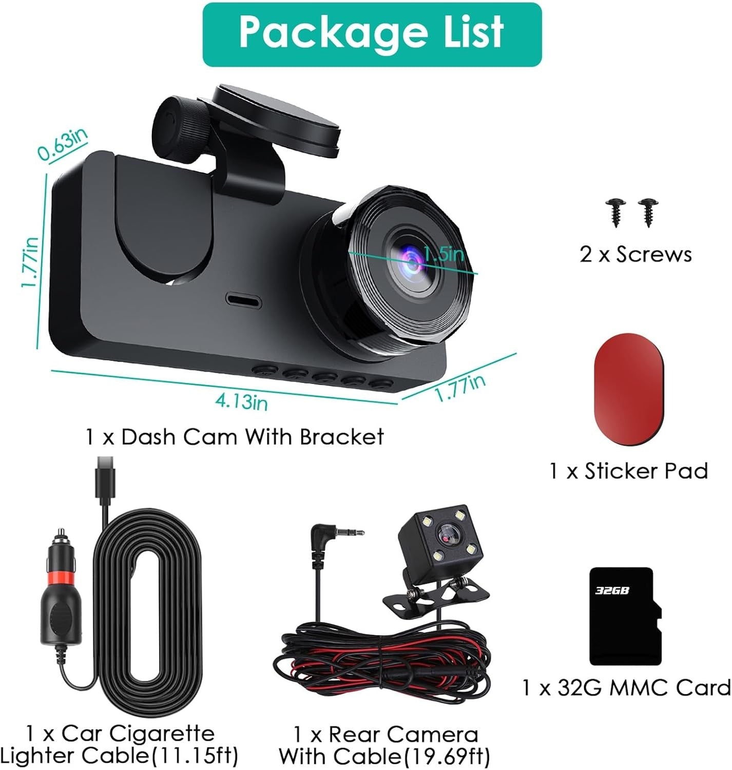 3 Channel Dash Cam – 1080P Front, Rear & Inside Car Camera with 32GB Card, Super Night Vision & Parking Mode