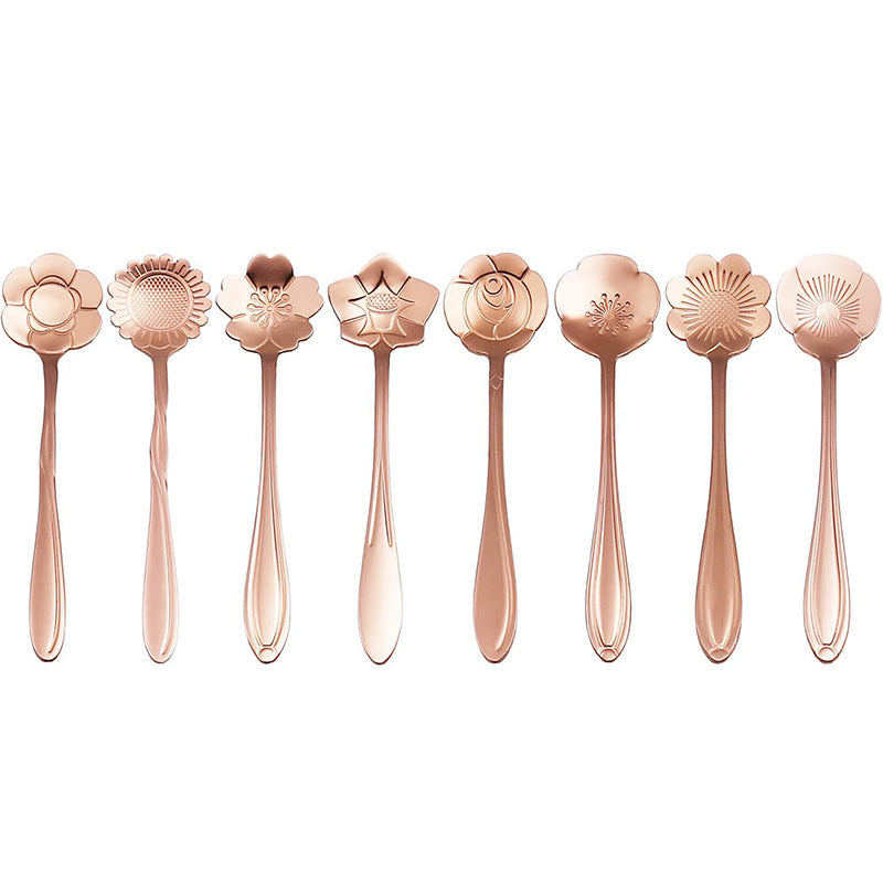 GoldPetal Stainless Steel 8-piece Cherry Blossom Spoon Set – Gold, Silver, Rose Gold.
