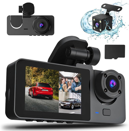 3 Channel Dash Cam – 1080P Front, Rear & Inside Car Camera with 32GB Card, Super Night Vision & Parking Mode
