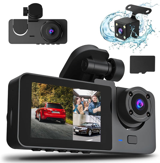 3 Channel Dash Cam – 1080P Front, Rear & Inside Car Camera with 32GB Card, Super Night Vision & Parking Mode