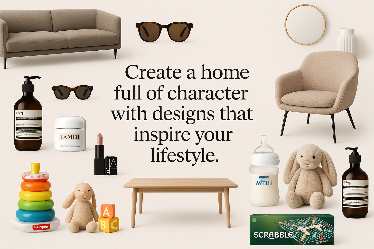 Home & living categories . Create a home full of character with designs that inspire your lifestyle. ile alakalı ürünler olan görsel hazırla. görselin ota kısmının ortasında Create a home full of character with designs that inspire your lifestyle.
 yazısı yer alsın . ürünler gerçek küresel  markalı Furniture🪑🛋️
Accessories👓
Bath & Beauty🛁💄
Baby👶 🍼 🧸
Toys & Games🔫🧸kategorilerinden oluşsun . görselin üstü altı sağı ve solu boş kalsın 

