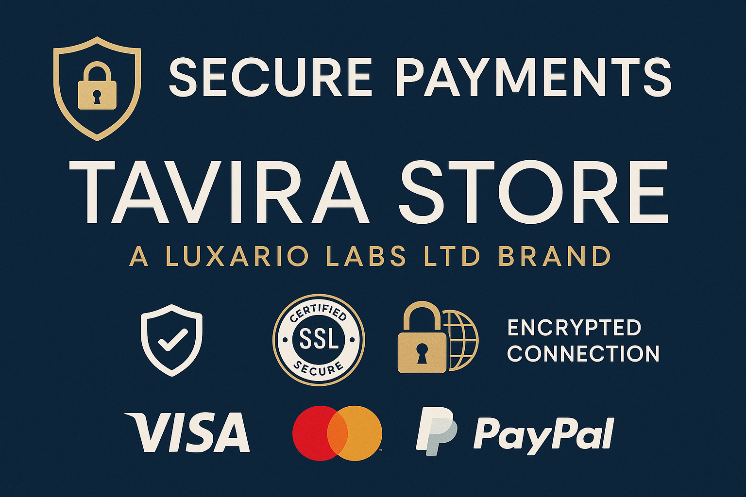 secure paymentsle alakalı görsel hazırla ve marka güvenirliğini öne çıkar . görselde şu yazı olsun : Tavira Store | A Luxario Labs Ltd Brand.