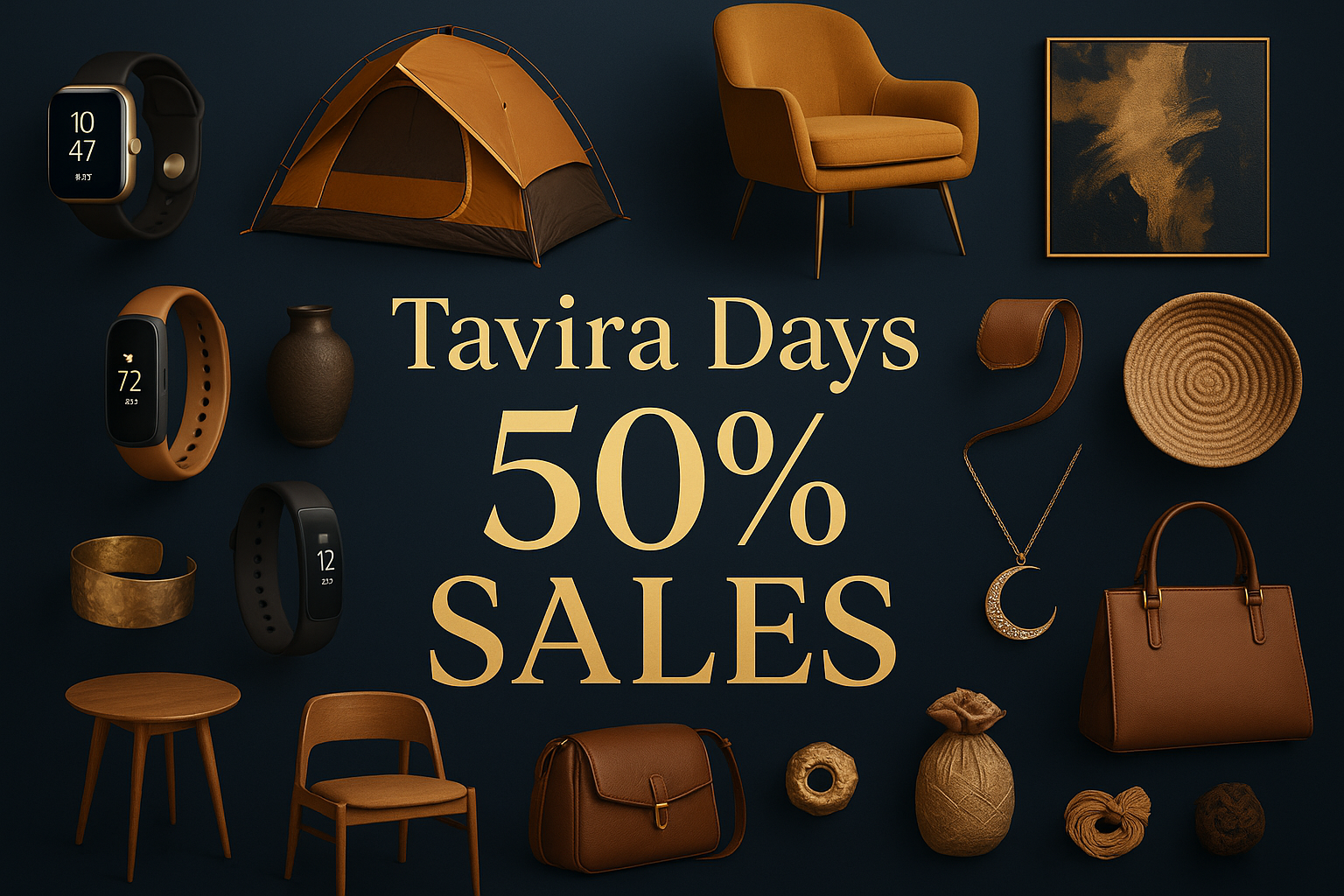 Tavira Days %50 SALES yazısının olduğu görsel hazırla. bu görselin içine koyacağın yazı görselin orta kısmının tam ortası olacak şekildse yerleştir. bu görsel tam genişlikte olacak sağ sol alt ve üst boş kalacak sadece orta kısımında olacak . içinde ürün olacak giyilebilir teknoloji kamp açık hava mobilya aksesuar sanat el yapımı ve benzeri her üründen olacak. arka plan rengi indirimi ve lüksü ve satışı odaklı olacak 